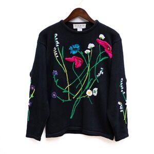 VTG Floral Embroidered Sweater Cottagecore Black Knit Michelle Stuart S‎ Fits M